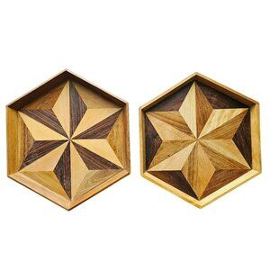 Set of Two Wooden Marquetry Star Inlay Serving Decor Trays Hexagon Geometric